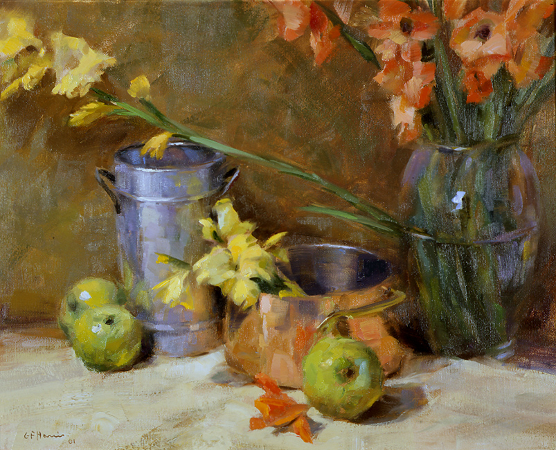 Gladiolas and Copper by Gregory Frank Harris - 14 x 18 inches Signed and dated '01 american contemporary still life flowers florals 