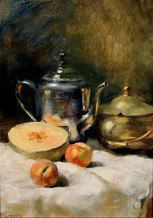 Still Life with Cantaloupe & Peaches by Gregory Frank Harris - 16 x 12 inches Signed; also signed, titled and dated on the reverse american contemporary still life fruit 