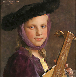 Girl with Lute by Allan Banks - 14 x 14 inches Signed and dated 2008 contemporary academic realism realist musical instrument 