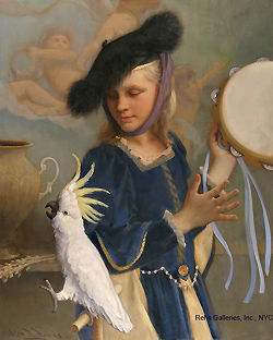 Girl With Her Singing Cockatoo by Allan Banks - 30 x 24 inches Signed and dated 2011 contemporary american academic figures figurative genre bird 
