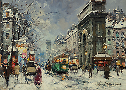 Portes St. Martin & St. Denis, Winter by Antoine Blanchard - 13 x 18 inches Signed school of paris snow scene winter 
