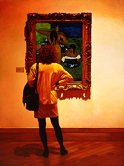 Woman in Yellow by Barry Oretsky - 40 x 30 inches Signed & dated 1993 photorealism interior museum 