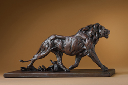 Trotting Lion by Bart Walter - 18 1/2 x 6 1/2 x 9 inches Signed and numbered 2/12  contemporary american sculpture sculptor african wildlife lion 