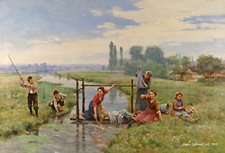 Children Playing in a Landscape by Cesar Pattein - 24 1/2 x 35 1/2 inches Signed and dated 1909 french genre children playing landscape river figures figurative 