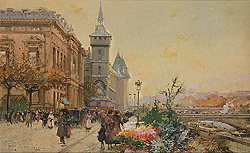 Paris, le march� aux fleurs by Eugene Galien Laloue - 8 1/4 x 13 1/4 inches Signed paris street scenes flower market seine river 