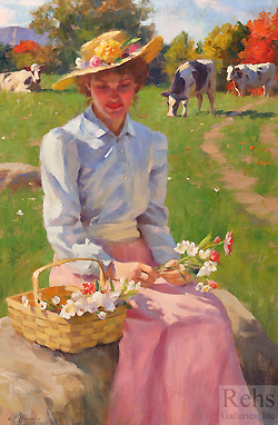 Peaceful Countryside by Gregory Frank Harris - 36 x 24 inches Signed; also signed, titled and dated on the reverse contemporary american cows figures figurative 