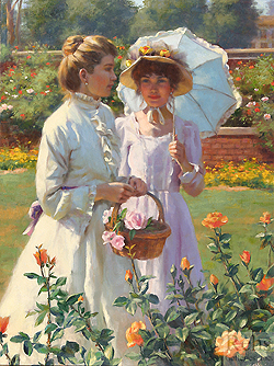 Sunlight and Roses by Gregory Frank Harris - 32 x 24 inches Signed; also signed, titled and dated on the reverse contemporary american elegant ladies garden figures figurative 