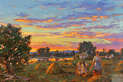 Sunset Along the River by Gregory Frank Harris - 14 x 21 inches Signed; also signed, titled, and dated on the reverse american contemporary sunset landscape wheatfield peasants 