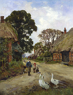 Off to School by Henry John Yeend King - 36 x 28 inches Signed british victorian genre figures figurative gardens peasants realist geese children school boys 