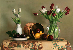 Plums, Pluots and Dutch Tulips by Holly Hope Banks - 18 x 26 inches Signed contemporary american still life flowers fruit 