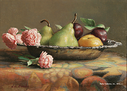 Plums, Pears and Carnations by Holly Hope Banks - 10 x 14 inches Signed contemporary american still life flowers fruit 