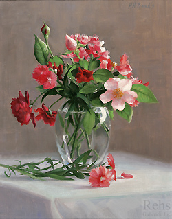Dianthus and Roses by Holly Hope Banks - 14 x 11 inches Signed american realist still life flowers floral 