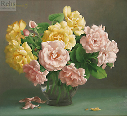 Pink and Yellow Roses by Holly Hope Banks - 13 x 14 inches Signed still life flowers in a glass vase contemporary american 