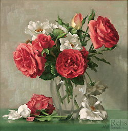 Americana & Iceberg Roses by Holly Hope Banks - 12 x 12 inches Signed flowers in a glass vase