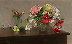 Mandevilla and Roses by Holly Hope Banks - 16 x 27 inches Signed contemporary american still life flowers table roses