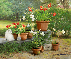 April Flowers by Holly Hope Banks - 30 x 36 inches Signed constmeporary american garden flowers cats