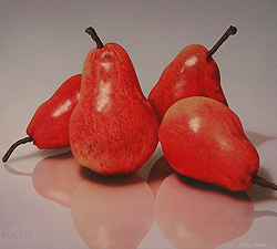 Four Red Pears by John Kuhn - 18 x 20 inches Signed american still life pears fruit airbrush air brush 