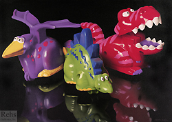 Three Dinos by John Kuhn - 20 x 28 inches Signed photorealism toys dinosuars photo-realism airbrush 