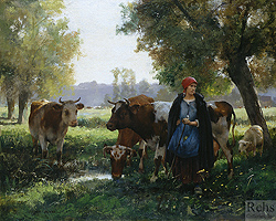 A Bord de la Mare by Julien Dupr� - 25 3/4 x 32 inches Signed french realist realism paris salon cows sheep woman bucolic 