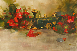 Orchestration in G by Katie Swatland - 8 x 12 inches Signed; also signed and titled on the reverse contemporary american still life toy trains