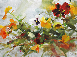 Spring Pansies by Katie Swatland - 12 x 16 inches Signed; also signed and inscribed on the reverse still life flowers contemporary american