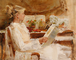 Symphony in White by Katie Swatland - 16 x 20 inches Signed; also signed and titled on the reverse genre figurative portrait interior