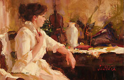 Allegro by Katie Swatland - 8 x 12 inches Signed contemporary american genre figure interior figurative music violin