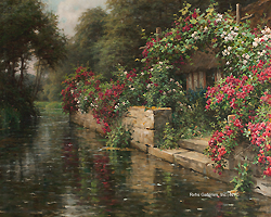 Along the River by Louis Aston Knight - 26 x 32 inches Signed and inscribed <I>Paris</I> american french landscape cottage river garden 