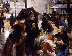 Après l’averse: Place du Théâtre Français by Louis Marie de Schryver - 28 1/4 x 36 1/4 inches Signed and dated '89 belle epoch french street scenes genre figures figurative flower sellers