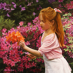 Flowers for Mother by Mark Eliot Lovett - 30 x 30 inches Signed american contemporary genre figureative portrait garden 