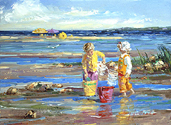 Windy Day, Cape Cod by Sally Swatland - 12 x 16 inches Signed impressionist beach scenes children playing contemporary american chase pothast 