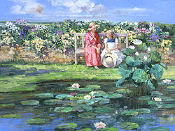 The Garden at Quogue by Sally Swatland - 30 x 40 inches Signed garden children ponds impressionist children playing contemporary american 