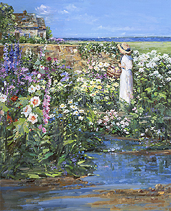 Summer on Nantucket by Sally Swatland - 32 x 26 inches Signed impressionist garden scenes children playing contemporary american chase pothast 