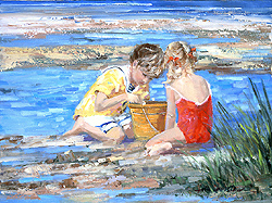Inspecting the Catch by Sally Swatland - 12 x 16 inches Signed; also signed and titled on the reverse impressionist beach scenes children playing contemporary american chase pothast 