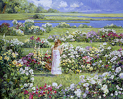The Fragrances of Summer by Sally Swatland - 26 x 32 inches Signed impressionist garden scenes children playing contemporary american chase pothast 