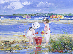 Summer Bonnet by Sally Swatland - 12 x 16 inches Signed impressionist beach scenes children playing contemporary american chase pothast 