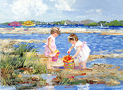 The Sand Pail, Fisher's Island by Sally Swatland - 12 x 16 inches Signed impressionist beach scenes children playing contemporary american chase pothast 