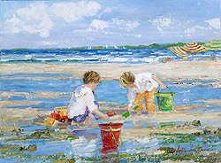 The Road Builders by Sally Swatland - 12 x 16 inches Signed impressionist beach scenes children playing contemporary american chase pothast 