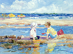 At the Beach by Sally Swatland - 12 x 16 inches Signed impressionist beach scenes children playing contemporary american chase pothast 