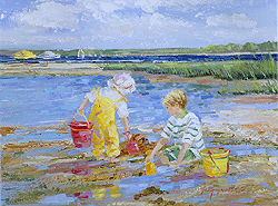 The Inlet at Shelter Island by Sally Swatland - 12 x 16 inches Signed impressionist beach scenes children playing contemporary american chase pothast 