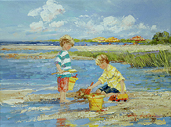 Summertime by Sally Swatland - 12 x 16 inches Signed; also signed and titled on the reverse impressionist beach scenes children playing contemporary american chase pothast 