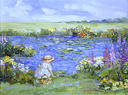 By the Pond by Sally Swatland - 12 x 16 inches Signed impressionist garden scenes children playing contemporary american chase pothast 