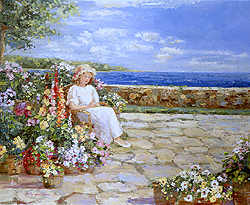 Afternoon on the Terrace by Sally Swatland - 26 x 32 inches Signed impressionist garden scenes children playing contemporary american chase pothast 