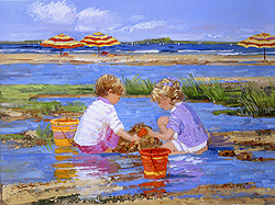 Building a Castle by Sally Swatland - 12 x 16 inches Signed; also signed and titled on the reverse impressionist beach scenes children playing contemporary american chase pothast 