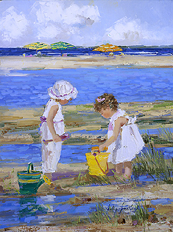 Toddlers at Play by Sally Swatland - 16 x 12 inches Signed; also signed and titled on the reverse impressionist beach scenes children playing contemporary american chase pothast 