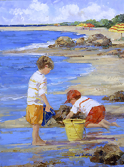 Almost High Tide by Sally Swatland - 16 x 12 inches Signed impressionist beach scenes children playing contemporary american chase pothast 