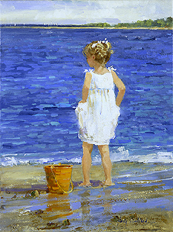 The White Sundress by Sally Swatland - 16 x 12 inches Signed impressionist beach scenes children playing contemporary american chase pothast 