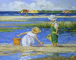 Summer Friends by Sally Swatland - 16 x 20 inches Signed; also signed and titled on the reverse impressionist beach scenes children playing contemporary american chase pothast 