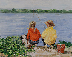 The Young Anglers by Sally Swatland - 16 x 20 inches Signed impressionist beach scenes children playing contemporary american chase pothast 