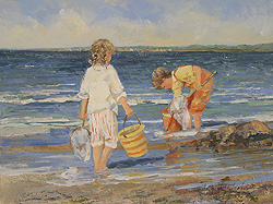 Summer Afternoon, Old Greenwich by Sally Swatland - 12 x 16 inches Signed; also signed and titled on the reverse impressionist beach scenes children playing contemporary american chase pothast 